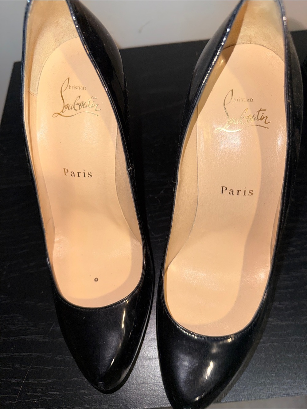 Christian Louboutin Black Patent Leather Pointed Pumps with Nude Interior
